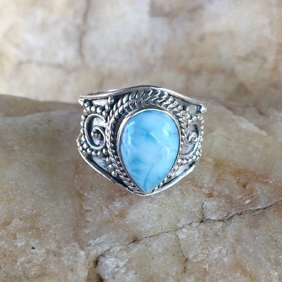 Larimar boho intricate wide band 925 sterling ring - Picture 1 of 10